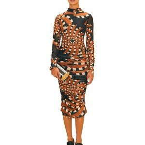 FARM Rio Black and Brown Patterned Midi Dress